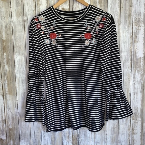 Loft Floral Embroidered Striped Long Sleeve Blouse - Picture 2 of 5